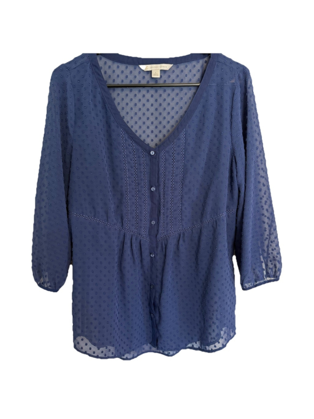 Swiss Dot Poet Blouse Womens L Navy Lightweight Button Down Peasant Top Office